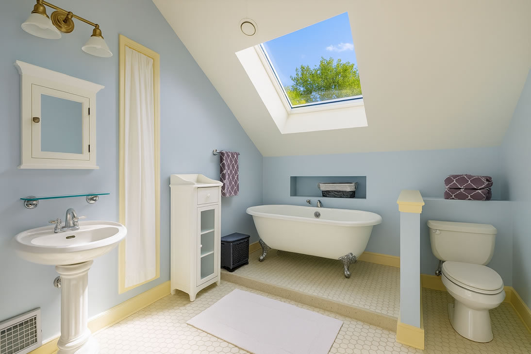 Velux skylight roof window installed in bathroom