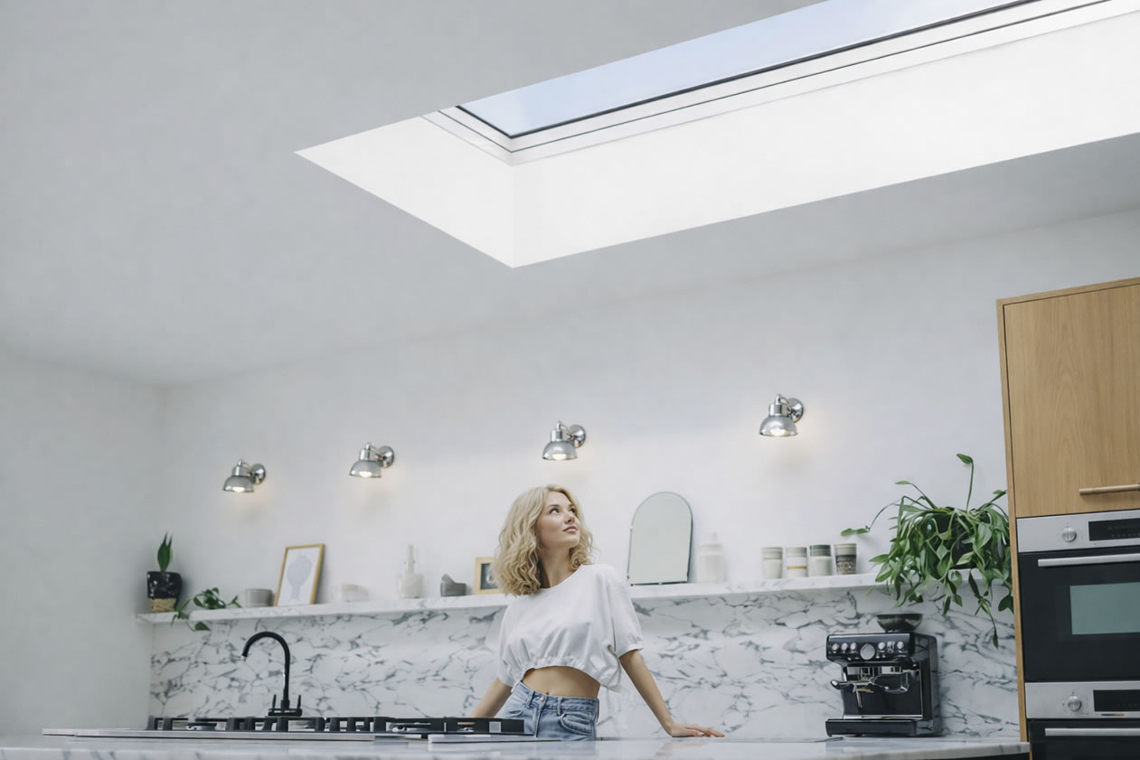 Woman standing in kitchen and looking at skylight